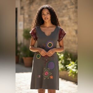 Ark Imports Fair Trade Boho Dress - Size XS Bright embroidery-butterfly sleeves